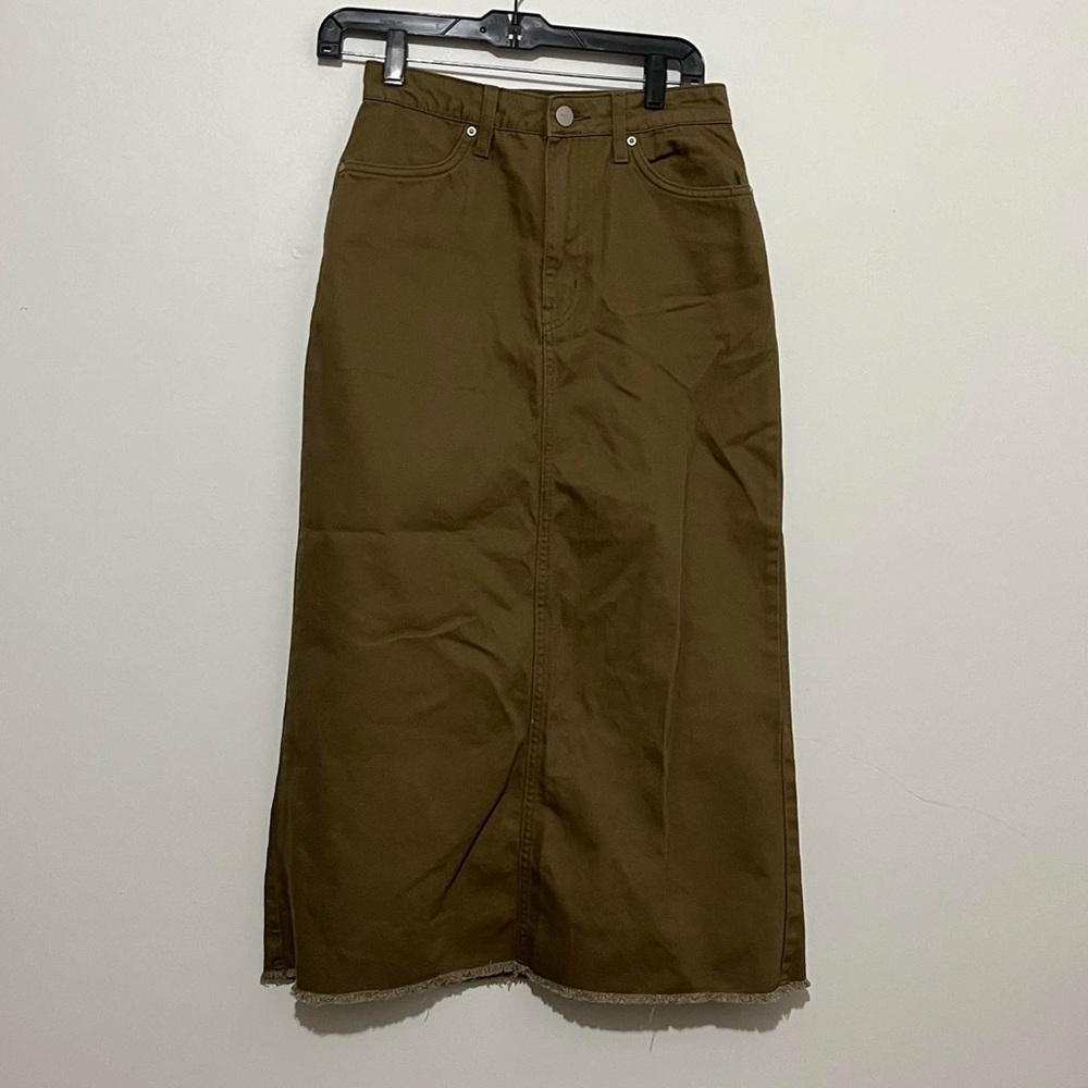 Khaki colored denim maxi skirt